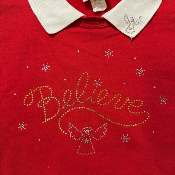 Vintage Cactus Bay Red/White Jeweled Christmas "Believe" Collared Sweatshirt- M - Picture 5 of 8